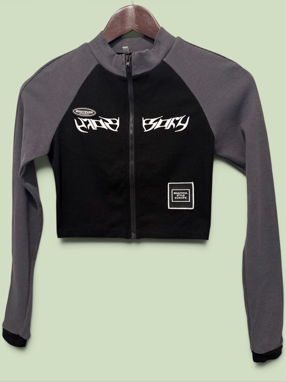 Cropped Zip-Up Colorblock Jacket in Black & Charcoal Size S 95% Cotton 5%Spandex